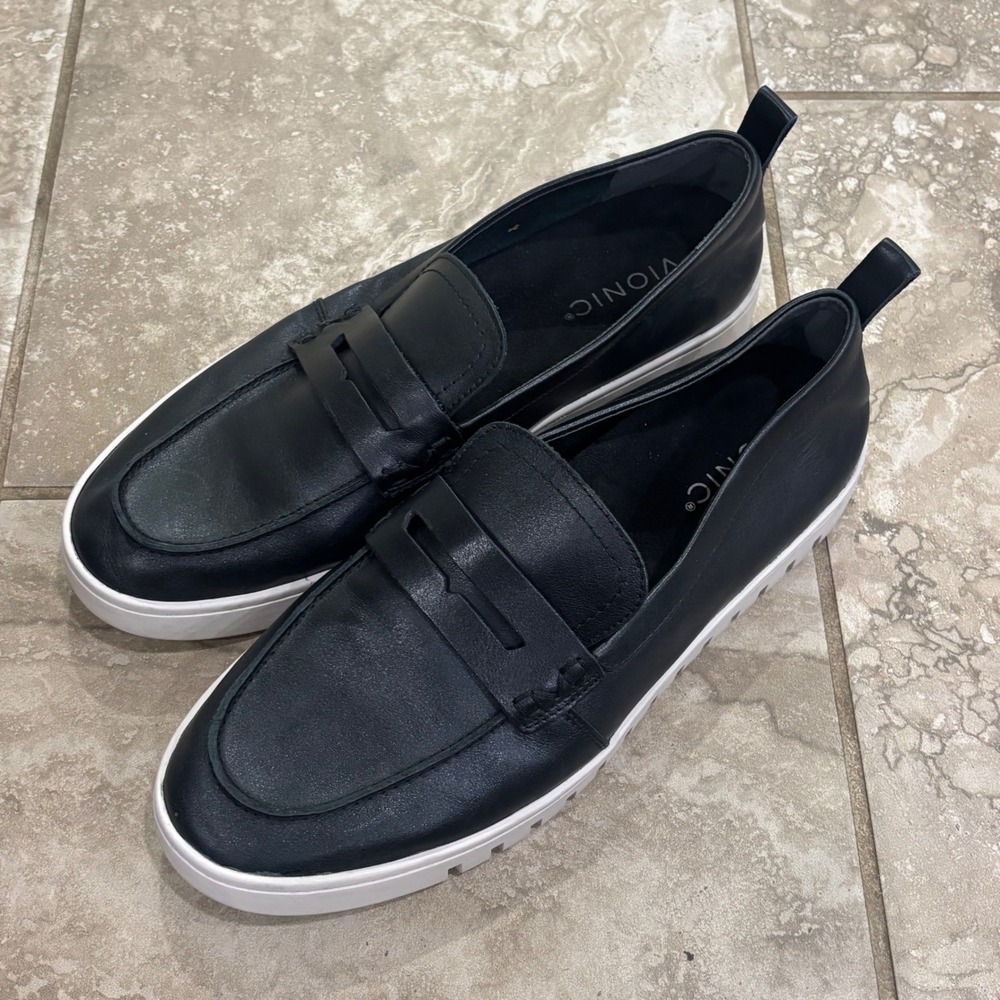 Vionic Uptown Loafer Black Leather Platform Penny Loafers Women 10 Wide